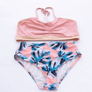 Girls Hopeac Pink & Beige Trim Top w/ Floral Print Bottom Tankini, Size Unmarked